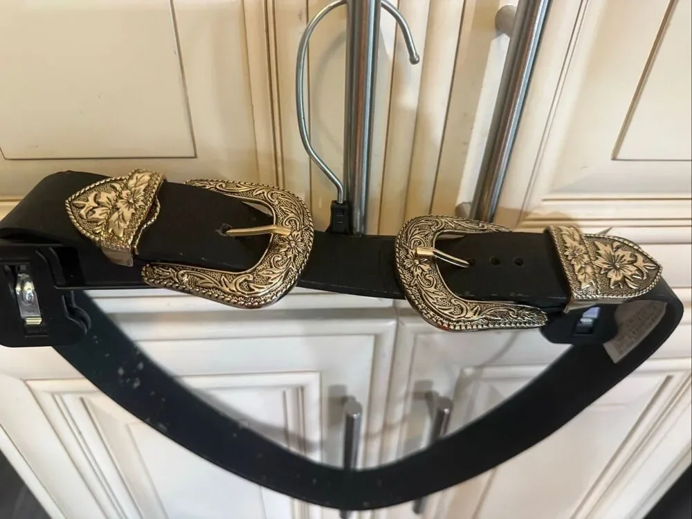 Western Equestrian Women's Beautiful Statement Double Buckle Black Suede Belt